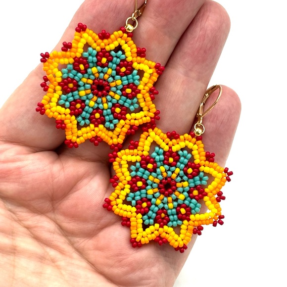 Hand Crafted Colorful Beaded Flower Chunky Earrings Turquoise and Yellow - Picture 5 of 6